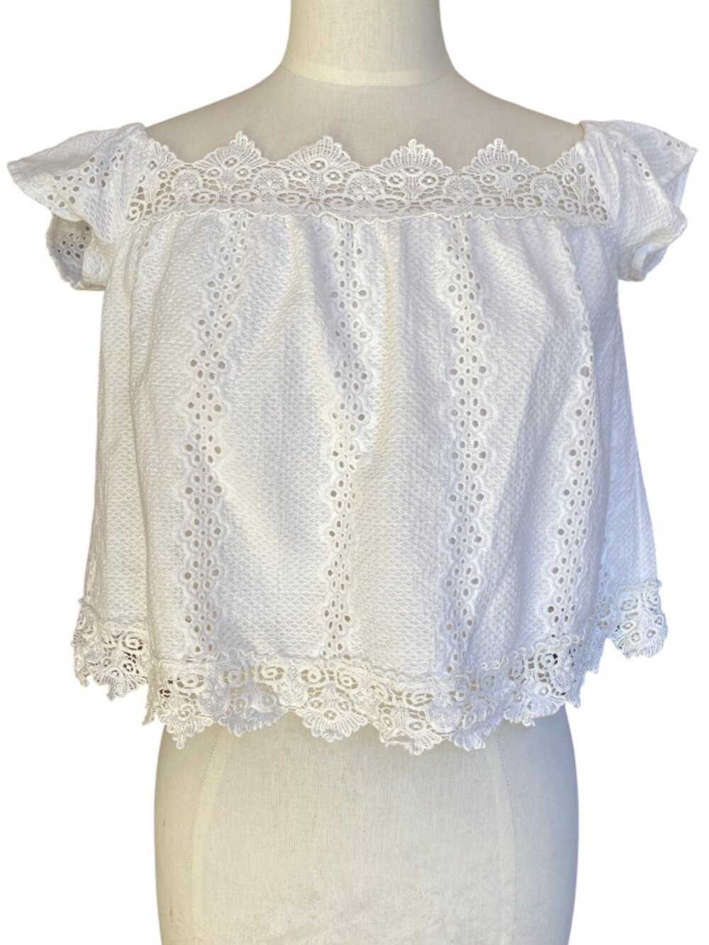 June & Ivy White Eyelet Lace Off-the-Shoulder Crop Top Scalloped Boho Cottage-S